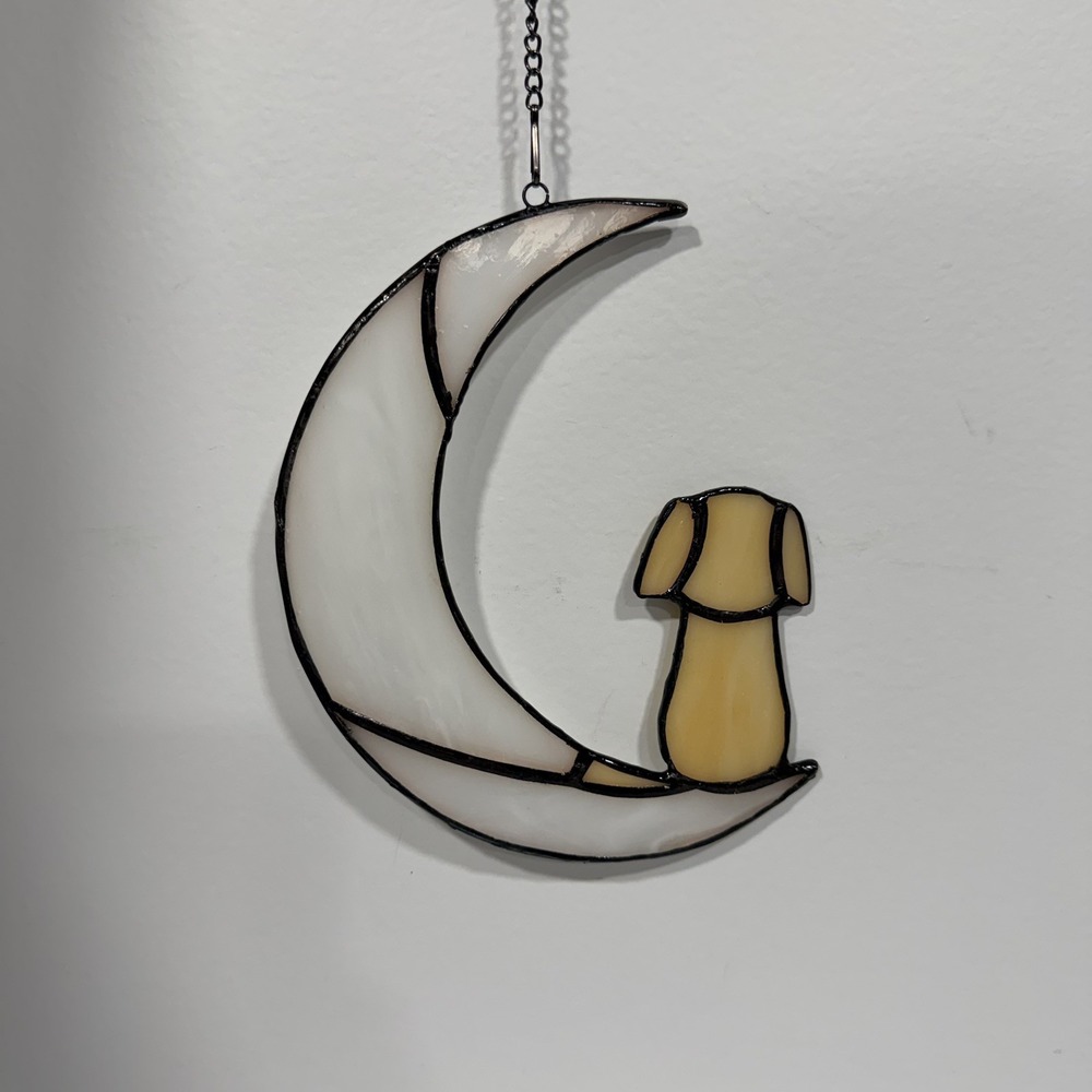 NEW - Dog on Moon Window Decoration Hanging Alloy, Golden Retriever, 6" x 5"